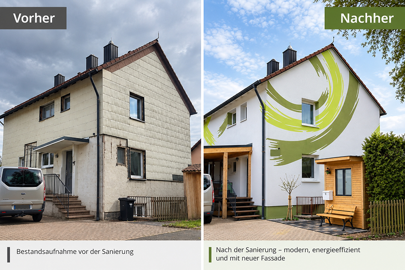 vorher_nachher_sanierung Vergleich eines Einfamilienhaus vor und nach einer erfolgreichen Sanierung zum KfW-Effizienzhaus von Rainer Ott - Energieberatung in Mittelfranken